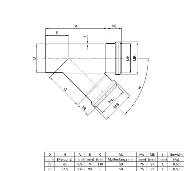 Edelstahl Abzweig V4A, 75/75/87,5 Grad